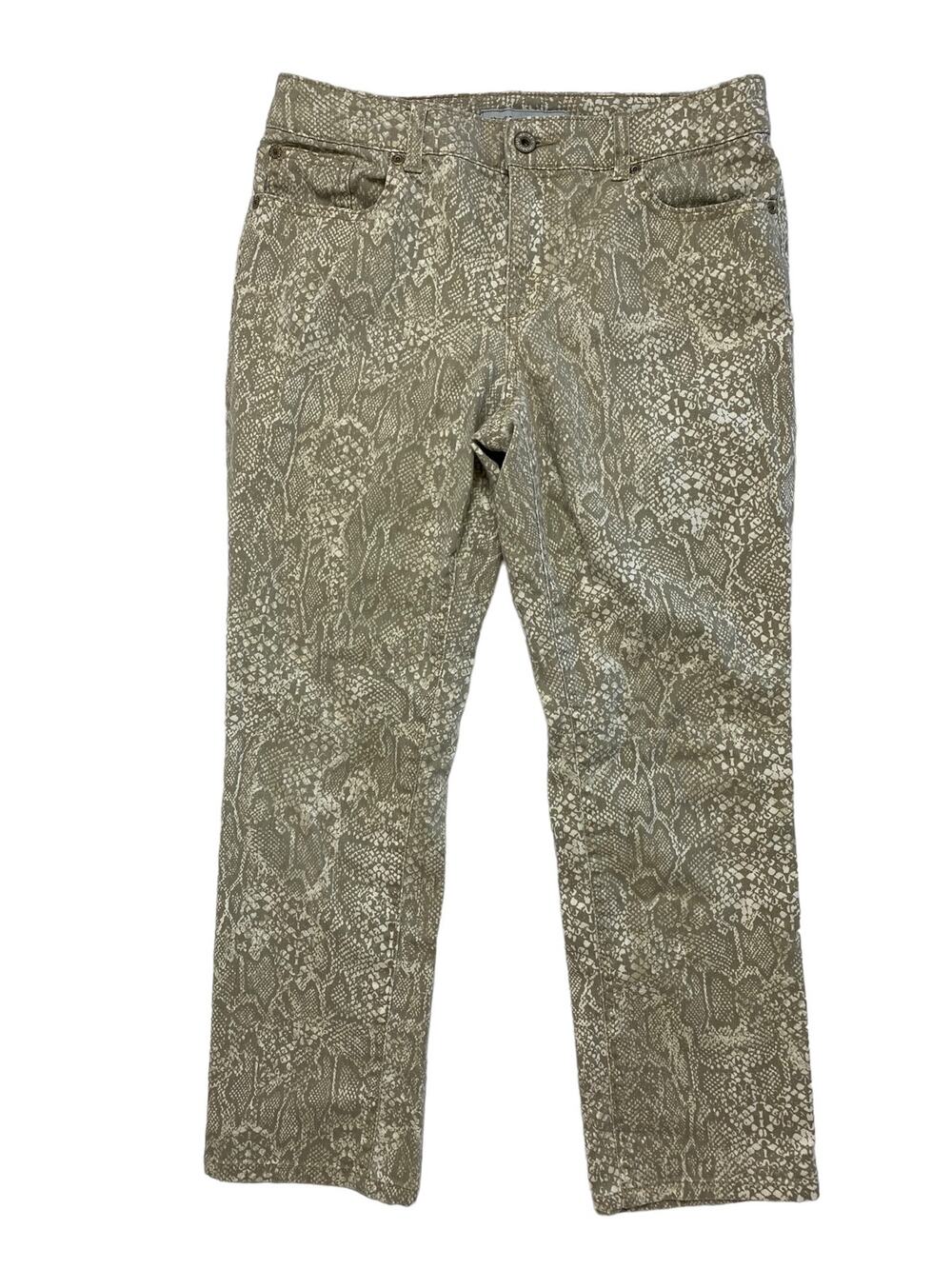 CHICOS Platinum Denim Ultimate Fit Tan Snake Print Straight Pants Small 6 (0.5)